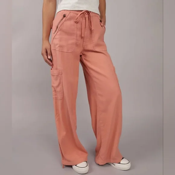 AE Dreamy Drape Linen-Blend Baggy Wide-Leg Cargo Pants Size: 000 - Picture 1 of 9